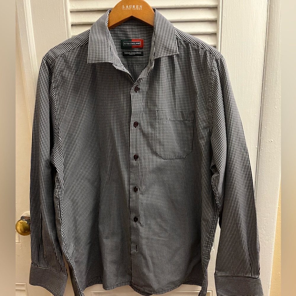 Peter England Black White Checkered Dress Shirt. Button down long sleeve. Sz 17